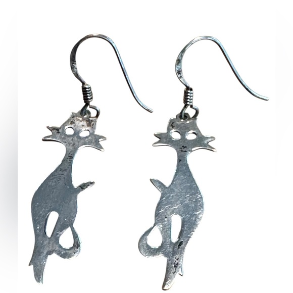 Sterling Silver Cat Earrings Distressed Whimsical Quirky Unique Halloween Witch - Picture 1 of 11